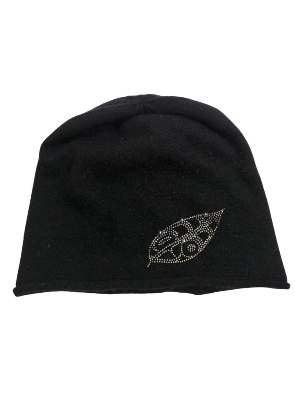 Black 100% Cashmere Beanie With Rhinestone Leaf Design Soft & Warm Winter Hat